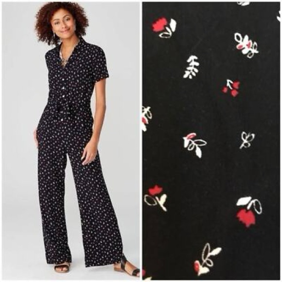 J. Jill Black Floral Jumpsuit 2X tie waist wide leg button front flowy red ditsy - Picture 1 of 14